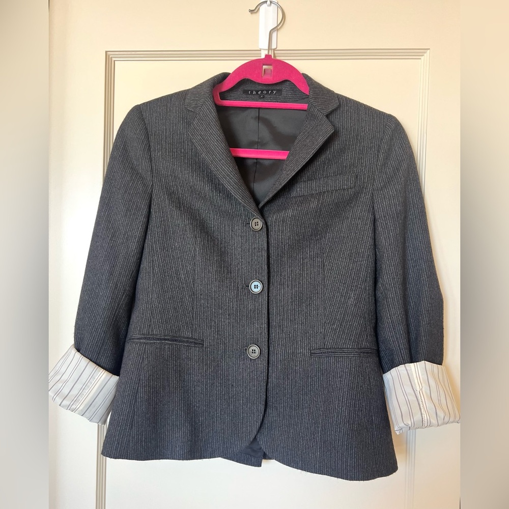 Theory Women’s Blazer Size 2 Gray Wool Blend Herringbone 2-Button Jacket USA